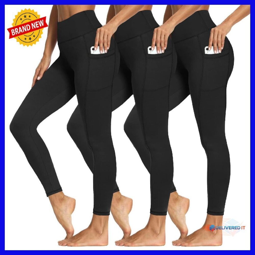 High Waist Tummy Control Leggings with Pockets, 3 Pack, Soft Workout Yoga Pants